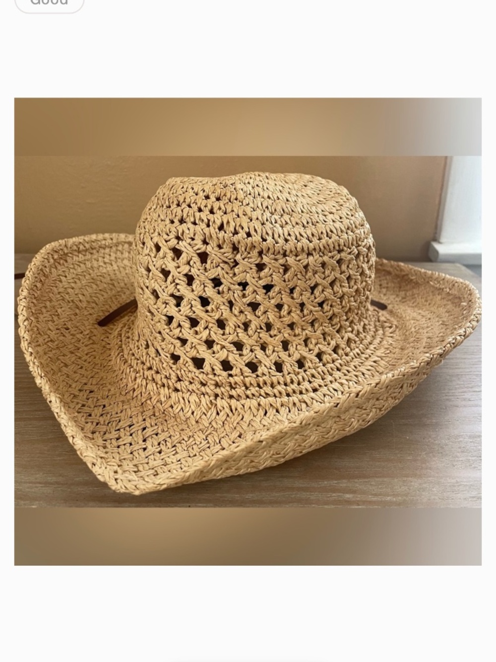 Women’s straw woven beachy cowboy hat turquoise detailing in center, chin strap - Picture 3 of 5